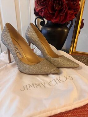 Jimmy Choo Silver Glitter Pointed Pumps with Stiletto Heel